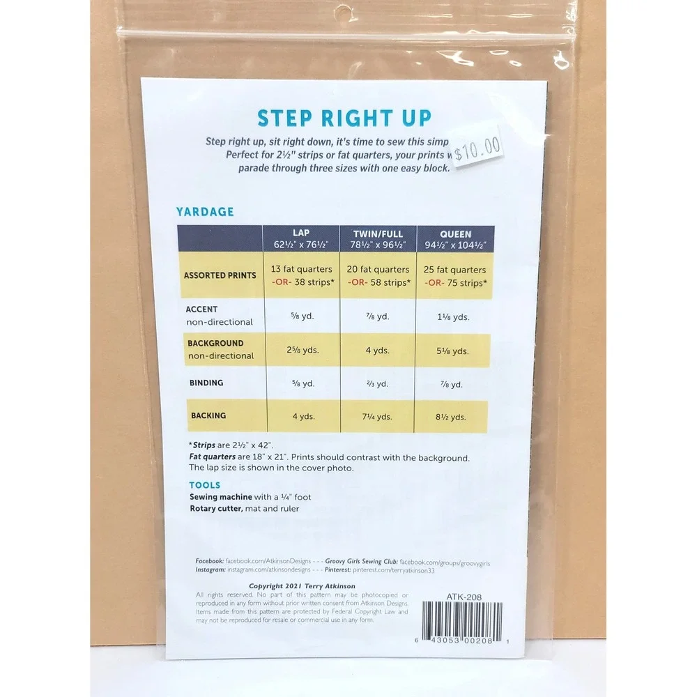 Atkinson Designs Step Right Up Quilt Pattern ATK-208 Lap Twin Queen Strips or FQ